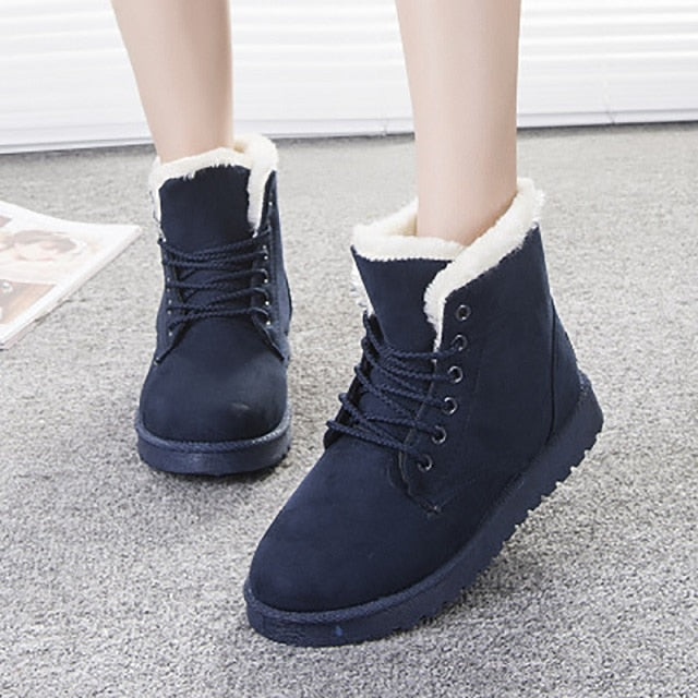 Solid Winter Women Faux Suede Ankle Warm Fur Booties Leather Shoe Boots