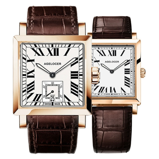 Agelocer Couple Watches for Men Women Square Quartz Watches Genuine Leather Band Waterproof Watches 3301-3401
