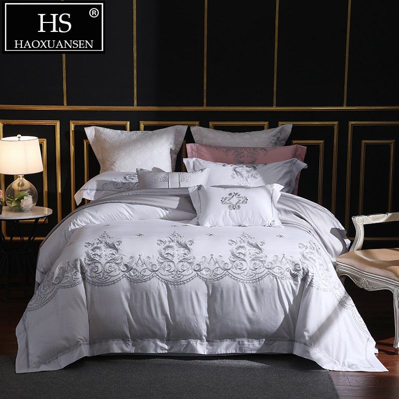 650 Thread Count White Embroidery 4 Piece Bedding Sets 100% Extra Long Staple Pima Cotton Euro Bed Sheets Sets Queen King Size