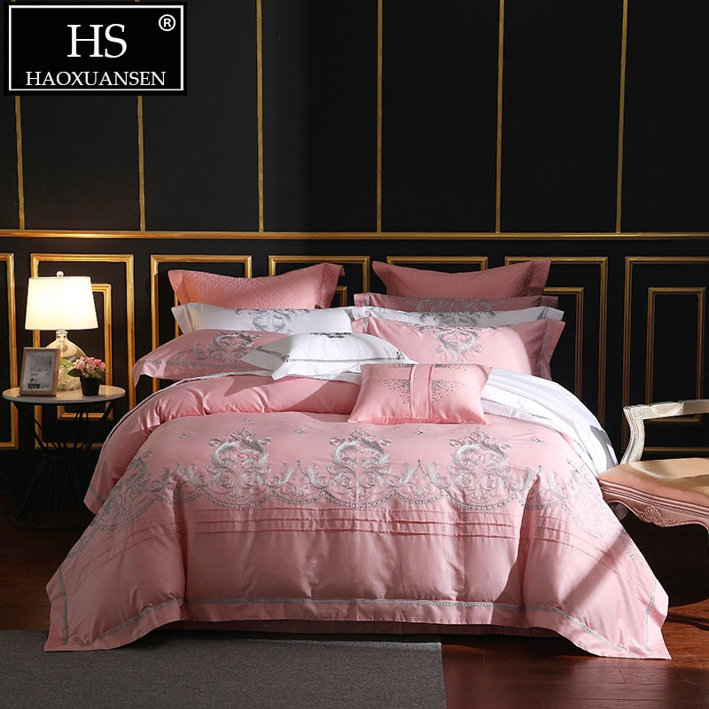 650 Thread Count Pink Embroidery 4 Piece Bedding Sets 100% Extra Long Staple Pima Cotton Euro Bed Sheets Sets Queen King Size