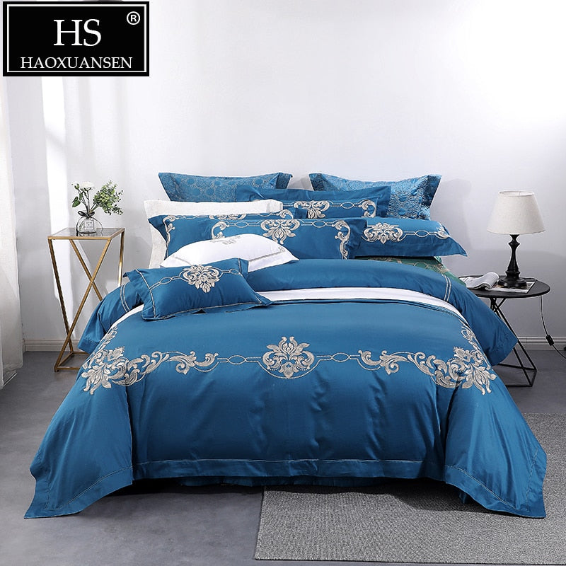 Luxury 4 Piece Blue Bedding Sets 100% Natural Cotton European Floral Embroidery Bed Sheet Set 650 Thread Count Queen King Size