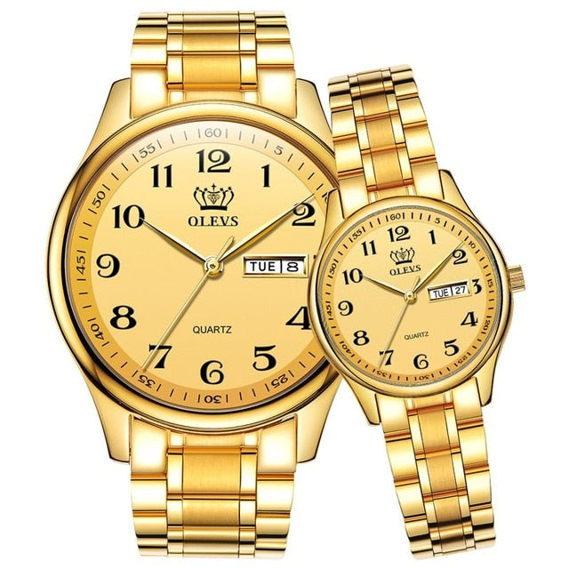 OLEVS Gold Casual Sport Couple Watch Week Display Autodate Stainless Steel Women Watches Waterproof Clock Relogio