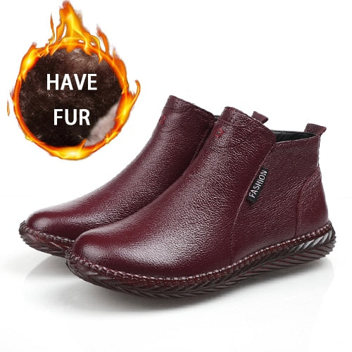 AARDIMI Women's Winter Boots Female Plus Velvet Genuine Leather Shoes Handmade Zip Women Warm Ankle Boots Ladies Retro Footwear