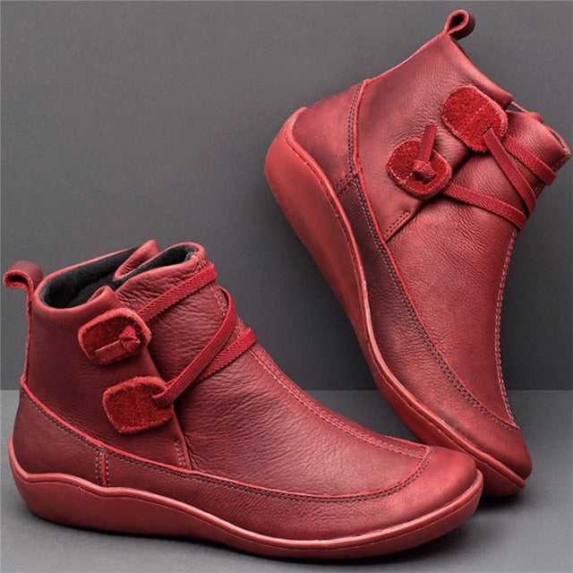 WEALTHY Women's PU Leather Ankle Boots Autumn Winter Cross Strappy Vintage Zipper Punk Flat Short Snow Lace-Up Shoes