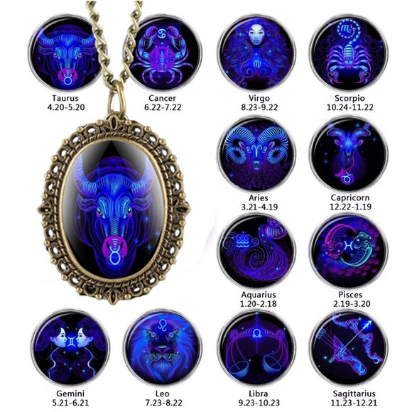 New 12 Constellation Astrology Oval Pocket Watch Unique Fluorescent Blue Zodiac Necklace Pendant Quartz