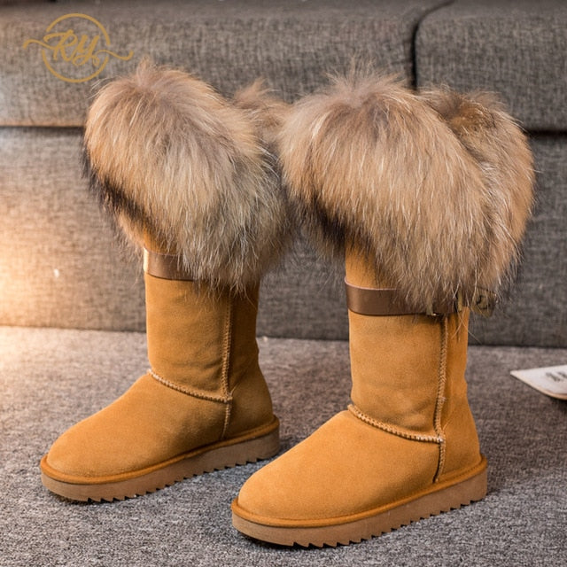 RY-RELAA Winter Women Genuine Leather Fashion Platform Boots Cowhide Fox Hair Knee High Boots