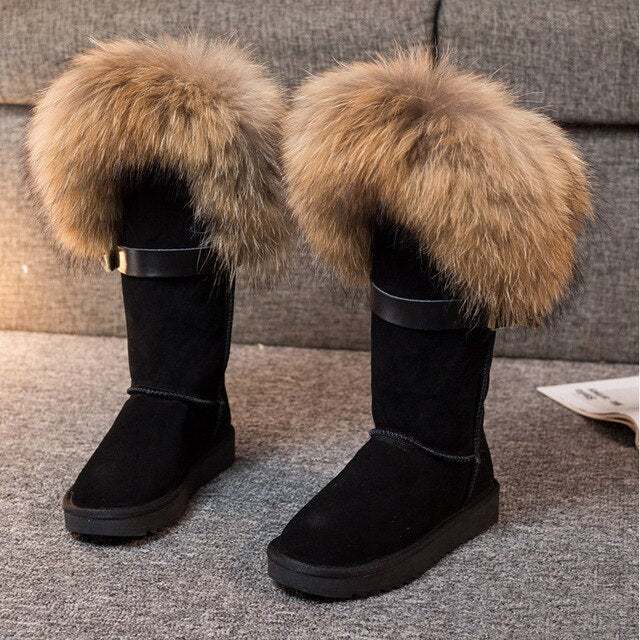 RY-RELAA Winter Women Genuine Leather Fashion Platform Boots Cowhide Fox Hair Knee High Boots