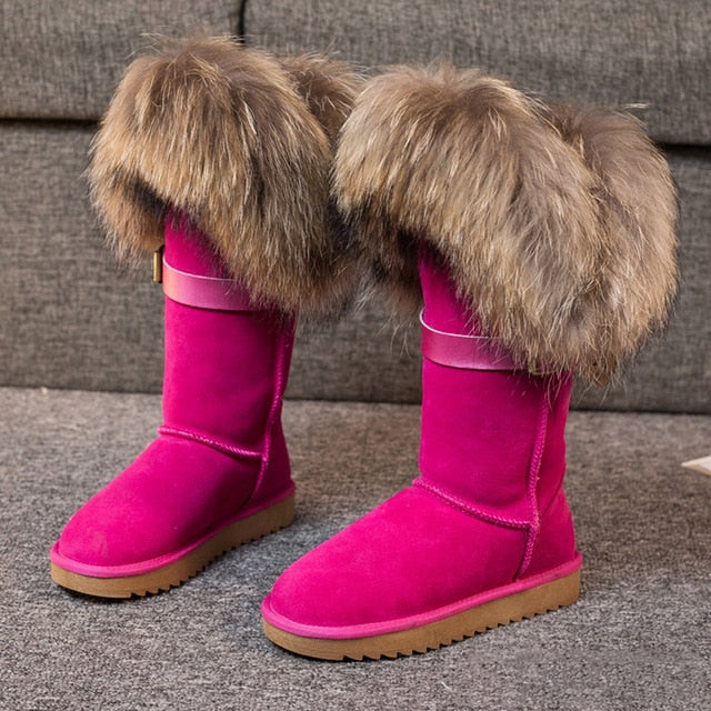 RY-RELAA Winter Women Genuine Leather Fashion Platform Boots Cowhide Fox Hair Knee High Boots