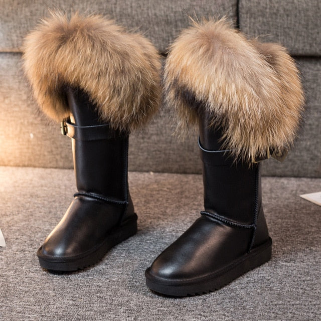 RY-RELAA Winter Women Genuine Leather Fashion Platform Boots Cowhide Fox Hair Knee High Boots