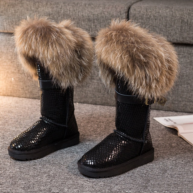 RY-RELAA Winter Women Genuine Leather Fashion Platform Boots Cowhide Fox Hair Knee High Boots