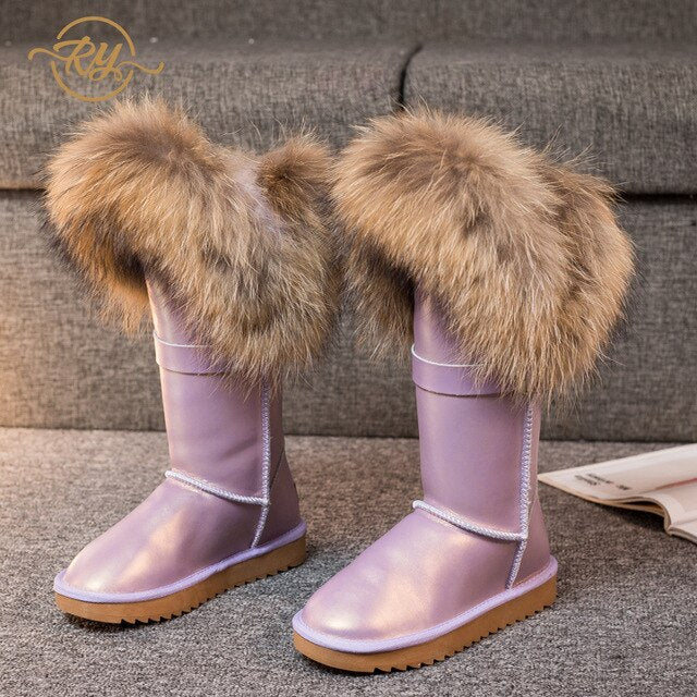 RY-RELAA Winter Women Genuine Leather Fashion Platform Boots Cowhide Fox Hair Knee High Boots