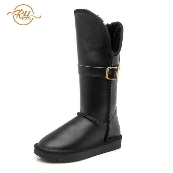 RY-RELAA Winter Women Genuine Leather Fashion Platform Boots Cowhide Fox Hair Knee High Boots