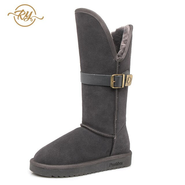 RY-RELAA Winter Women Genuine Leather Fashion Platform Boots Cowhide Fox Hair Knee High Boots