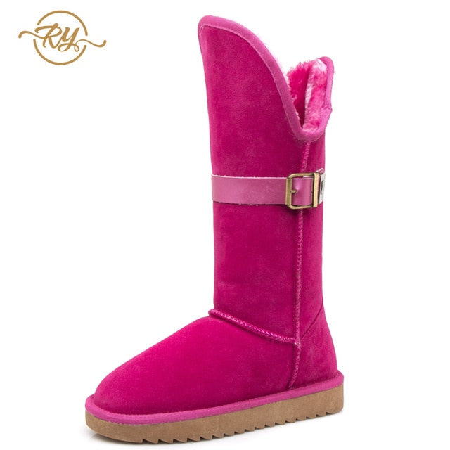RY-RELAA Winter Women Genuine Leather Fashion Platform Boots Cowhide Fox Hair Knee High Boots