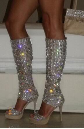 Abesire Newest Bling Bling Women Open Toe Rhinestone Knee High Gladiator Boots Cut-Out Crystal High Heel Long Boots Dress Shoes
