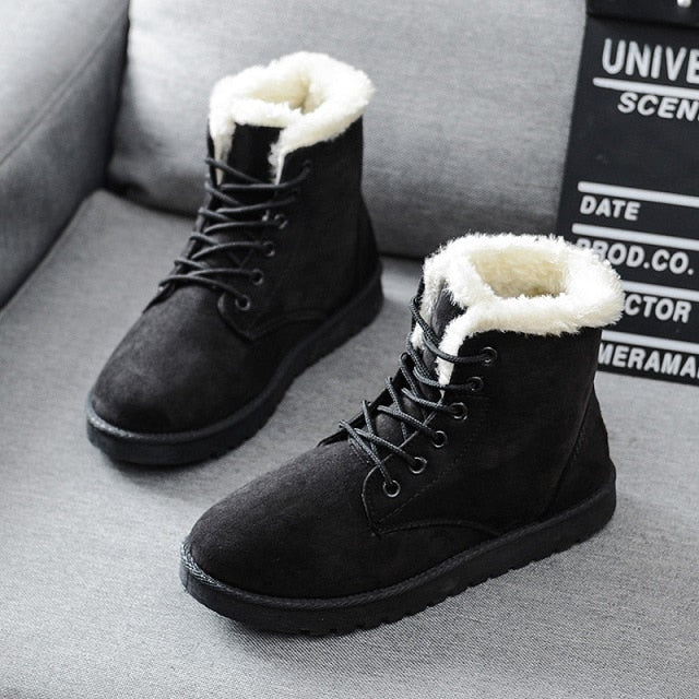 Solid Winter Women Faux Suede Ankle Warm Fur Booties Leather Shoe Boots