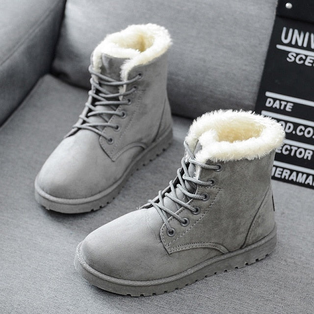 Solid Winter Women Faux Suede Ankle Warm Fur Booties Leather Shoe Boots