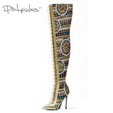Cross Tied International Women Pink Palms Winter Shiny Sequined Cloth Over-the-Knee Thigh High Show Boots