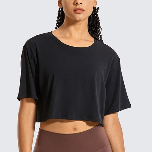 SYROKAN Women's Pima Cotton Workout Crop Tops Short Sleeve Running T-Shirts Casual Athletic Tees