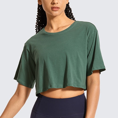 SYROKAN Women's Pima Cotton Workout Crop Tops Short Sleeve Running T-Shirts Casual Athletic Tees