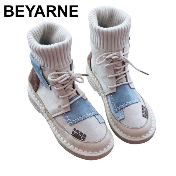 BEYARNE Women's Bottomed Flat Boots, Soft Bottom Comfortable Woollen Line Martin Boots,Handmade Institute Women's Boots E893