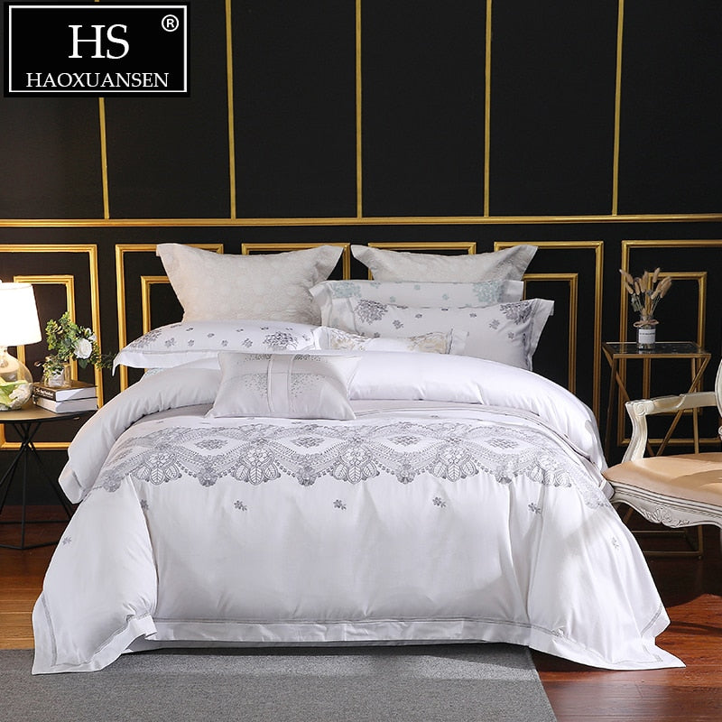 100% Pima Cotton White Embroidery Bedding Sets 650 Thread Count Density 4 Piece Duvet Cover Set Queen King Size Double Bed Set
