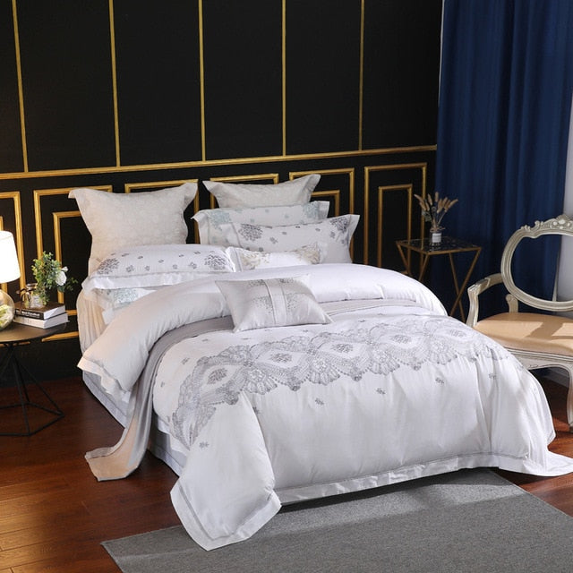 100% Pima Cotton White Embroidery Bedding Sets 650 Thread Count Density 4 Piece Duvet Cover Set Queen King Size Double Bed Set