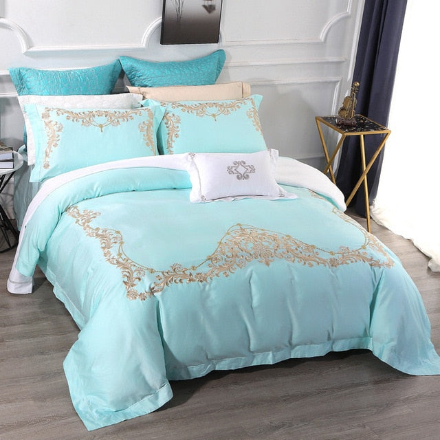 Luxury 650 Thread Count 100% Pima Cotton Blue Bedding Sets Classical Euro Floral Embroidery 4pcs Bed Linen Set Queen King Size