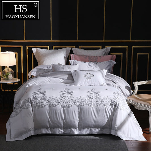 650 Thread Count White Embroidery 4 Piece Bedding Sets 100% Extra Long Staple Pima Cotton Euro Bed Sheets Sets Queen King Size