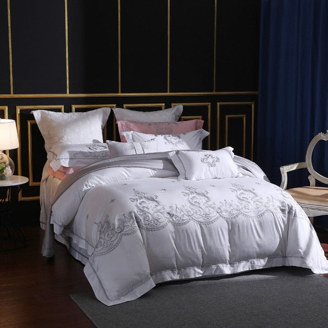 650 Thread Count White Embroidery 4 Piece Bedding Sets 100% Extra Long Staple Pima Cotton Euro Bed Sheets Sets Queen King Size