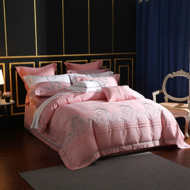 650 Thread Count Pink Embroidery 4 Piece Bedding Sets 100% Extra Long Staple Pima Cotton Euro Bed Sheets Sets Queen King Size