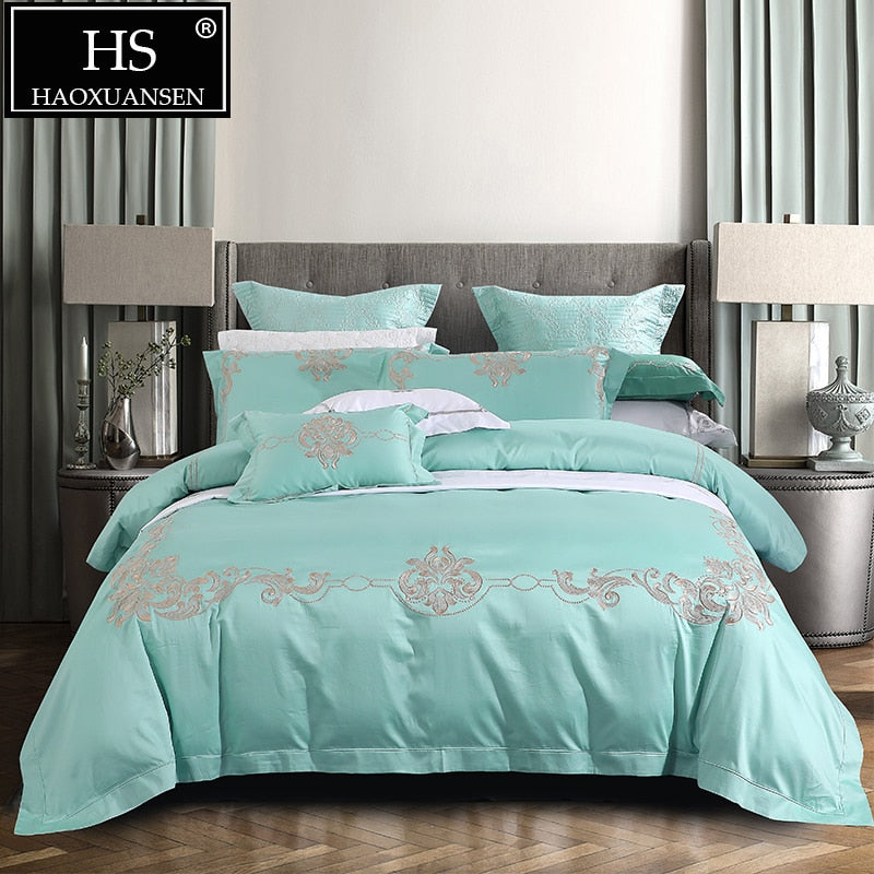 100% Natural Cotton Light Green 4pcs Bedding Sets European Floral Embroidery Quilt Cover Set Queen King Size Comfortable Durable