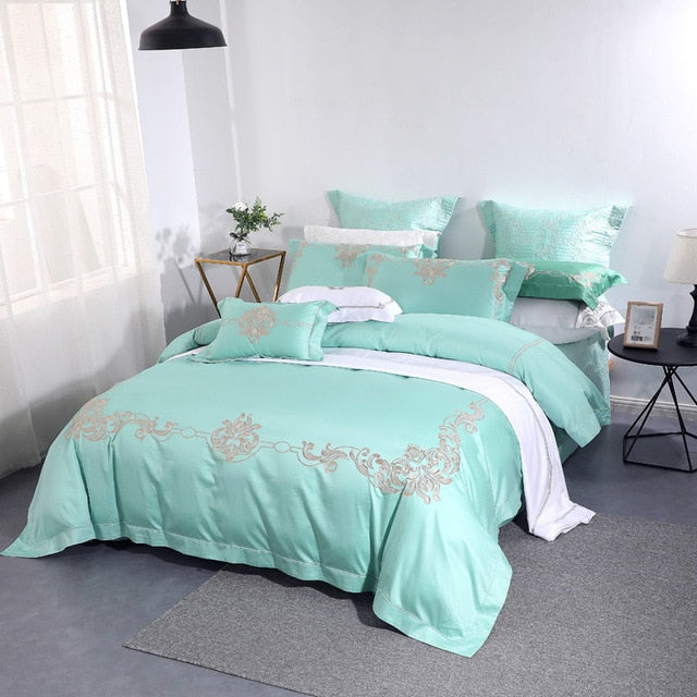 100% Natural Cotton Light Green 4pcs Bedding Sets European Floral Embroidery Quilt Cover Set Queen King Size Comfortable Durable