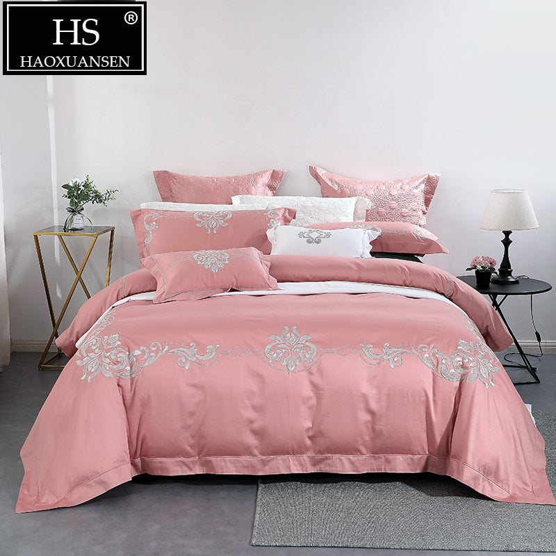 Pink European Style Bedding Sets 650 Thread Count Floral Embroidery 100% Cotton 4 Piece Duvet Cover Sheets Set Queen King Size