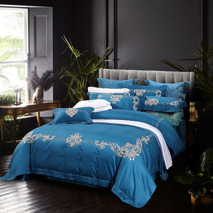 Luxury 4 Piece Blue Bedding Sets 100% Natural Cotton European Floral Embroidery Bed Sheet Set 650 Thread Count Queen King Size