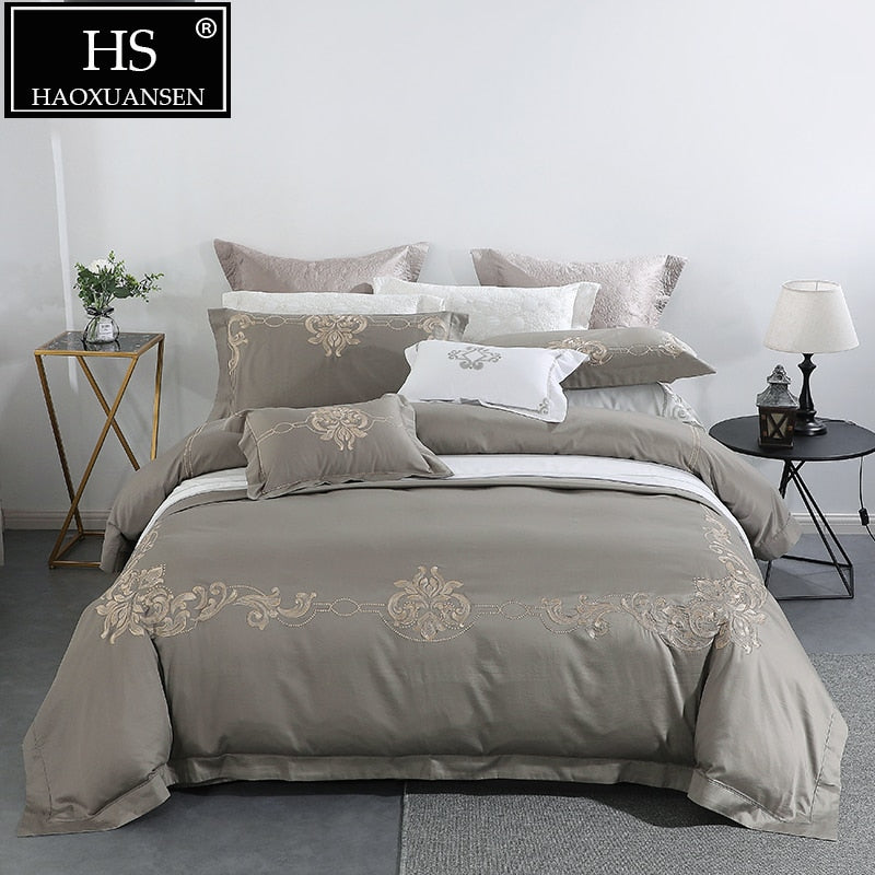 Grey European Style Bedding Sets 650 Thread Count Floral Embroidery 100% Cotton 4 Piece Bed Linens Queen King Size Double Sheets