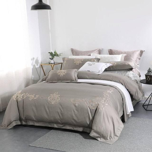 Grey European Style Bedding Sets 650 Thread Count Floral Embroidery 100% Cotton 4 Piece Bed Linens Queen King Size Double Sheets