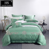 100% Natural Cotton Green 4 Piece Bedding Sets 650 Thread Count Euro Floral Embroidery Durable Duvet Cover Set Queen King Size