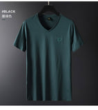 Brand Luxury V Neck Ice Silk T Shirt Men 100% Pima Cotton Mercerized Short Sleeve T-Shirt R Embroidery Solid Color Summer Top