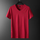 Brand Luxury V Neck Ice Silk T Shirt Men 100% Pima Cotton Mercerized Short Sleeve T-Shirt R Embroidery Solid Color Summer Top