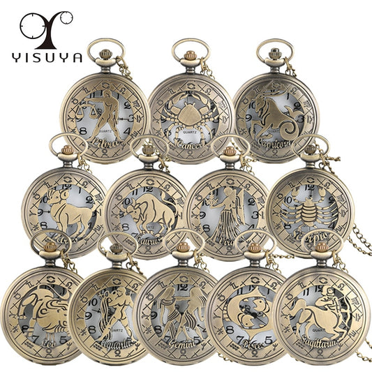Vintage Zodiac Pattern Pocket Watch Modern Necklace Chain Copper Retro Style Twelve Constellation Men Women Clock Relogio Gift
