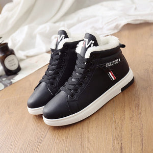 Women Winter Warm Ankle Boots PU Plush Winter Sneakers Flats Lace Up Short Snow Boots