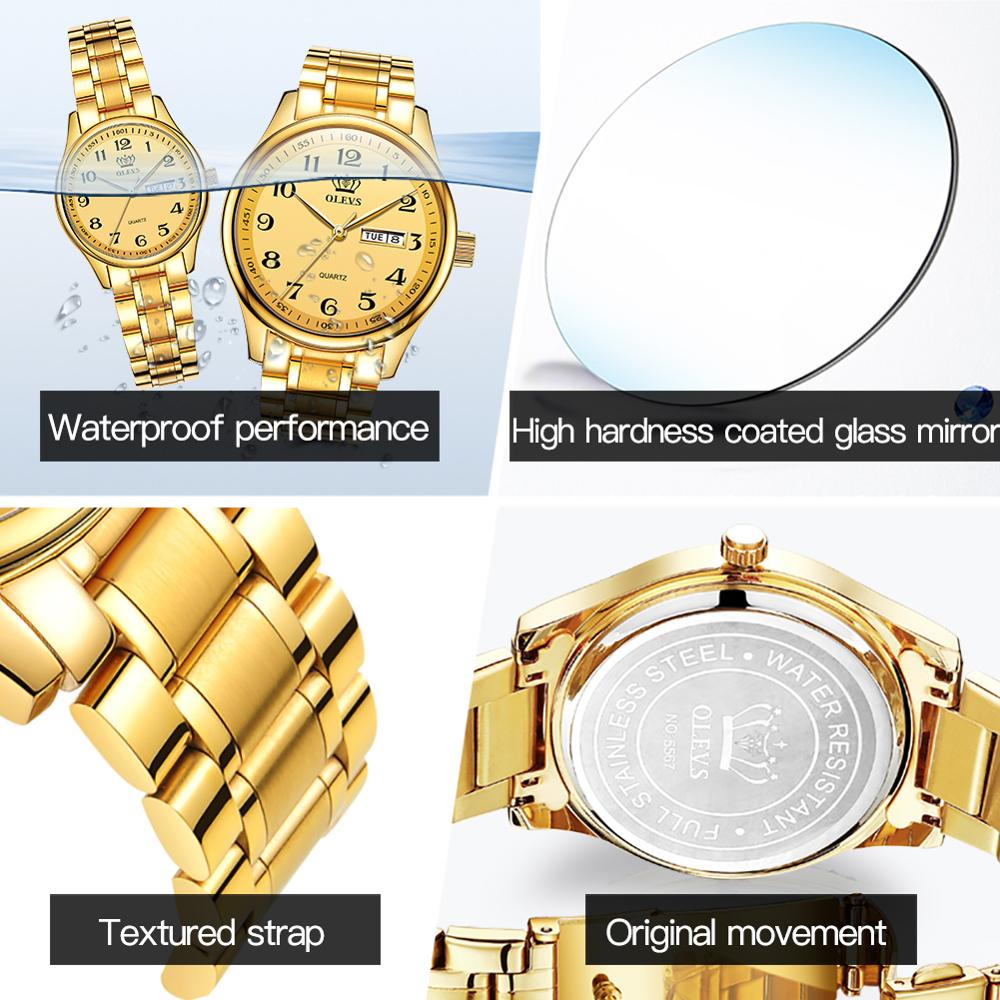 OLEVS Gold Casual Sport Couple Watch Week Display Autodate Stainless Steel Women Watches Waterproof Clock Relogio