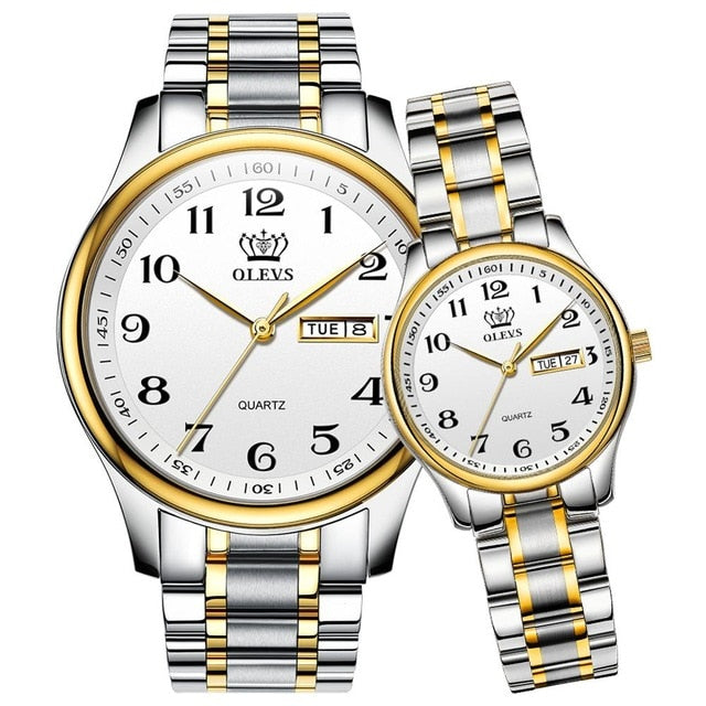 OLEVS Gold Casual Sport Couple Watch Week Display Autodate Stainless Steel Women Watches Waterproof Clock Relogio