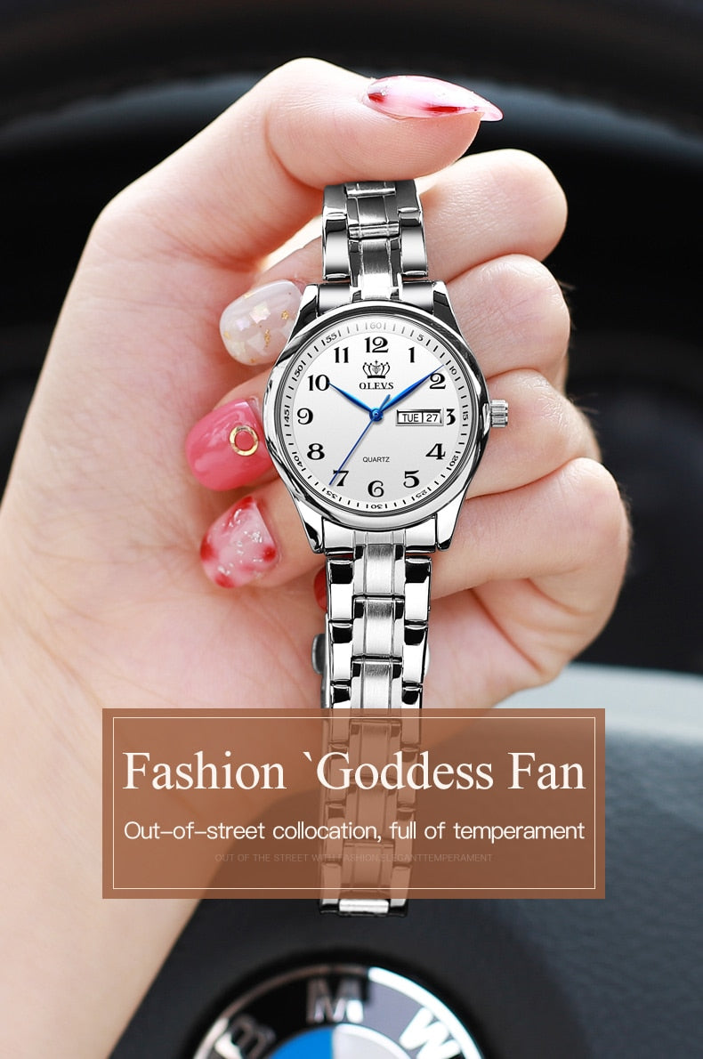 OLEVS Gold Casual Sport Couple Watch Week Display Autodate Stainless Steel Women Watches Waterproof Clock Relogio