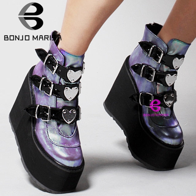 BONJOMARISA INS Hot Brand High Platform Ankle Boots Women Fashion PVC Strap Decorating High Wedges Shoes Woman