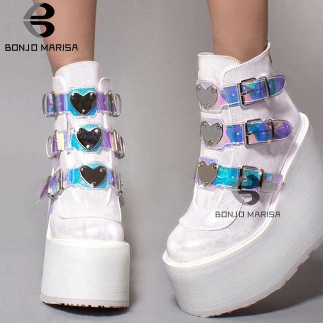 BONJOMARISA INS Hot Brand High Platform Ankle Boots Women Fashion PVC Strap Decorating High Wedges Shoes Woman