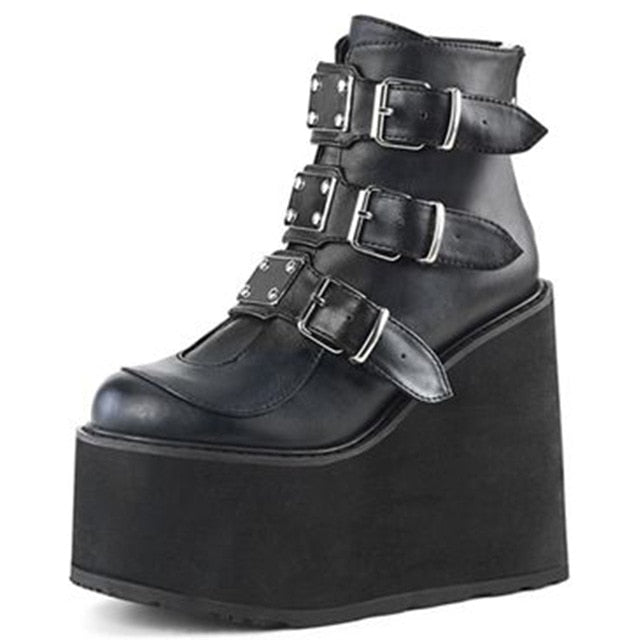 BONJOMARISA INS Hot Brand High Platform Ankle Boots Women Fashion PVC Strap Decorating High Wedges Shoes Woman