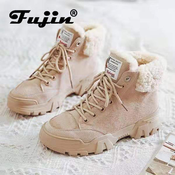 Fujin Women Snow Boots Beige Plush Warm Fur Casual Boots Shoes Sneakers Ankle Booties Platform Thick Sole Lace-Up Winter Shoes