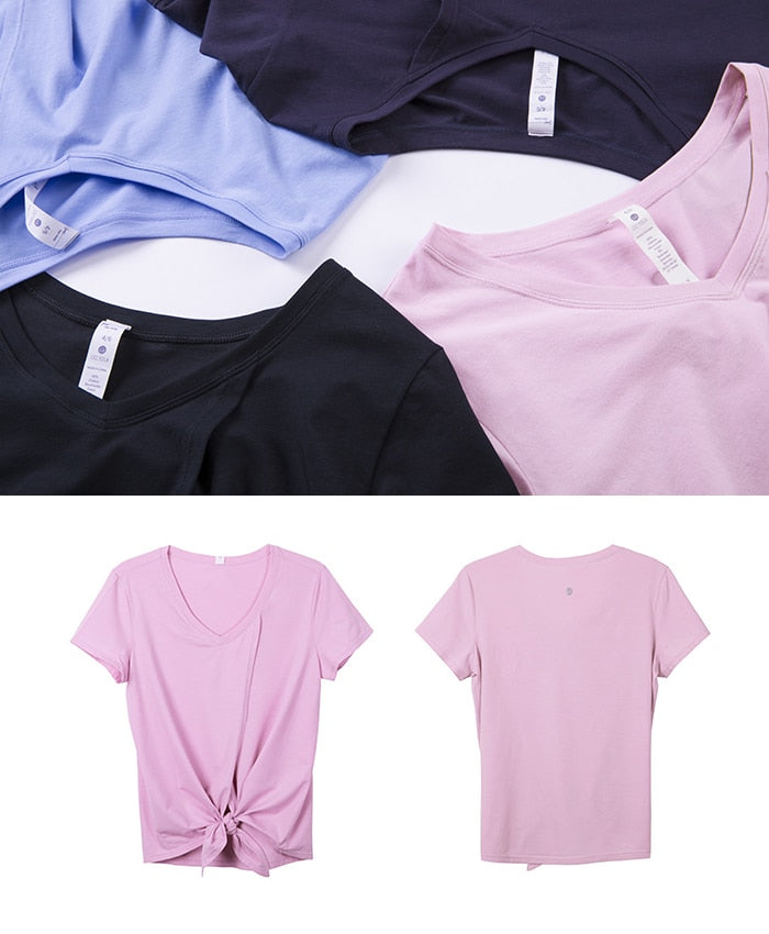 Women's YOGA Pima Cotton Workout Short Sleeve V-Neck Tie T Shirt Tops